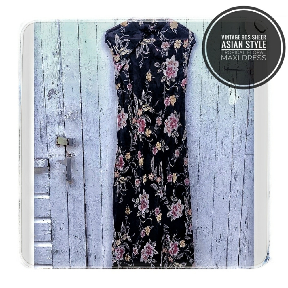 Y2K "Friends" Dress Vintage 90s sheer Asian tropical floral maxi